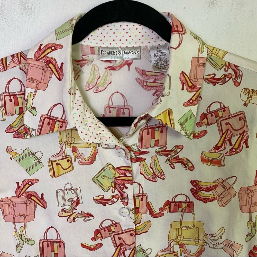 Draper's & Damon's Pink White Shoes Handbags Button Up Top Size Large Petite - Picture 3 of 7